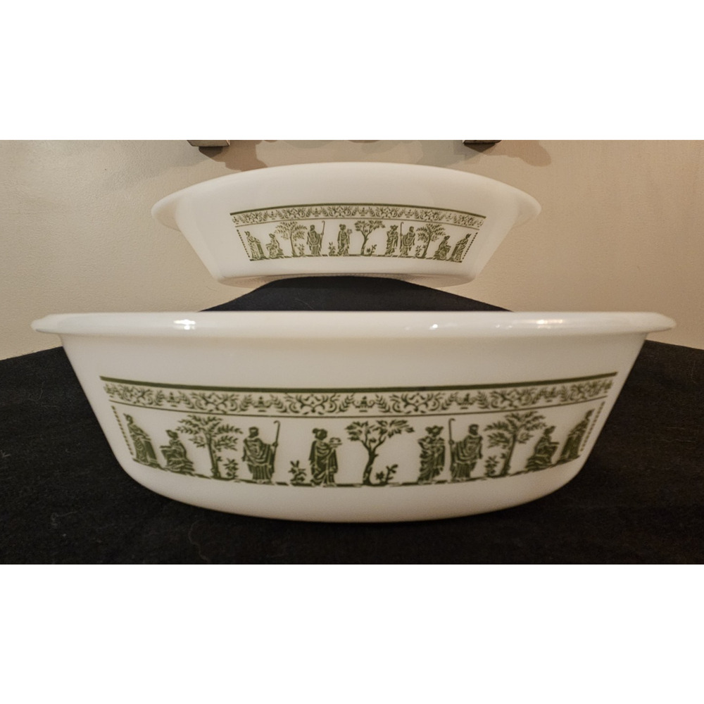 Glasbake 2 Pc Set - Green Greek Design Divided Casserole Dish J2352 & 1 Qt J235